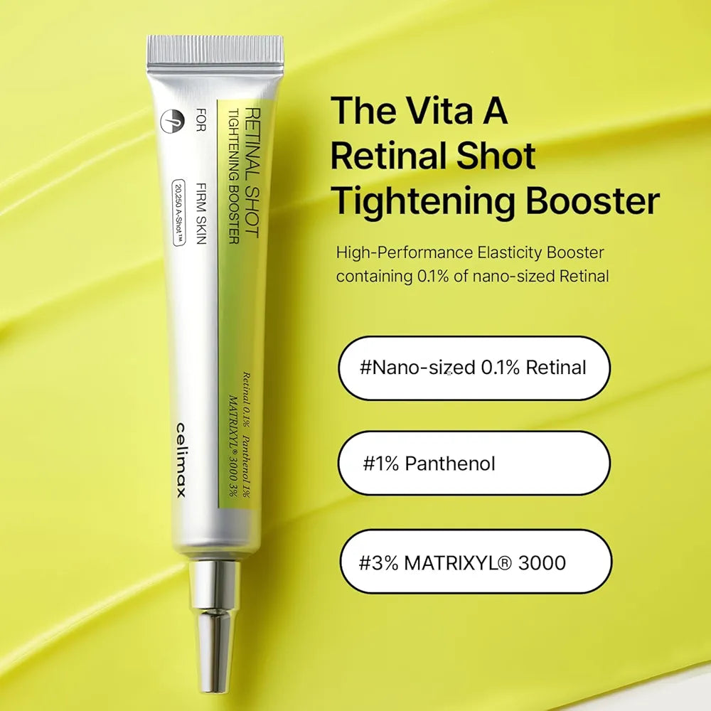 celimax The Vita A Retinal Shot Tightening Booster | 0.1% Retinal, 3% Matryxyl, High-Strength Retinoid for Anti-Aging, Pore Minimizer, Wrinkles & Fine Lines, Firmer Skin, 15ml, Korean Skin Care Gift