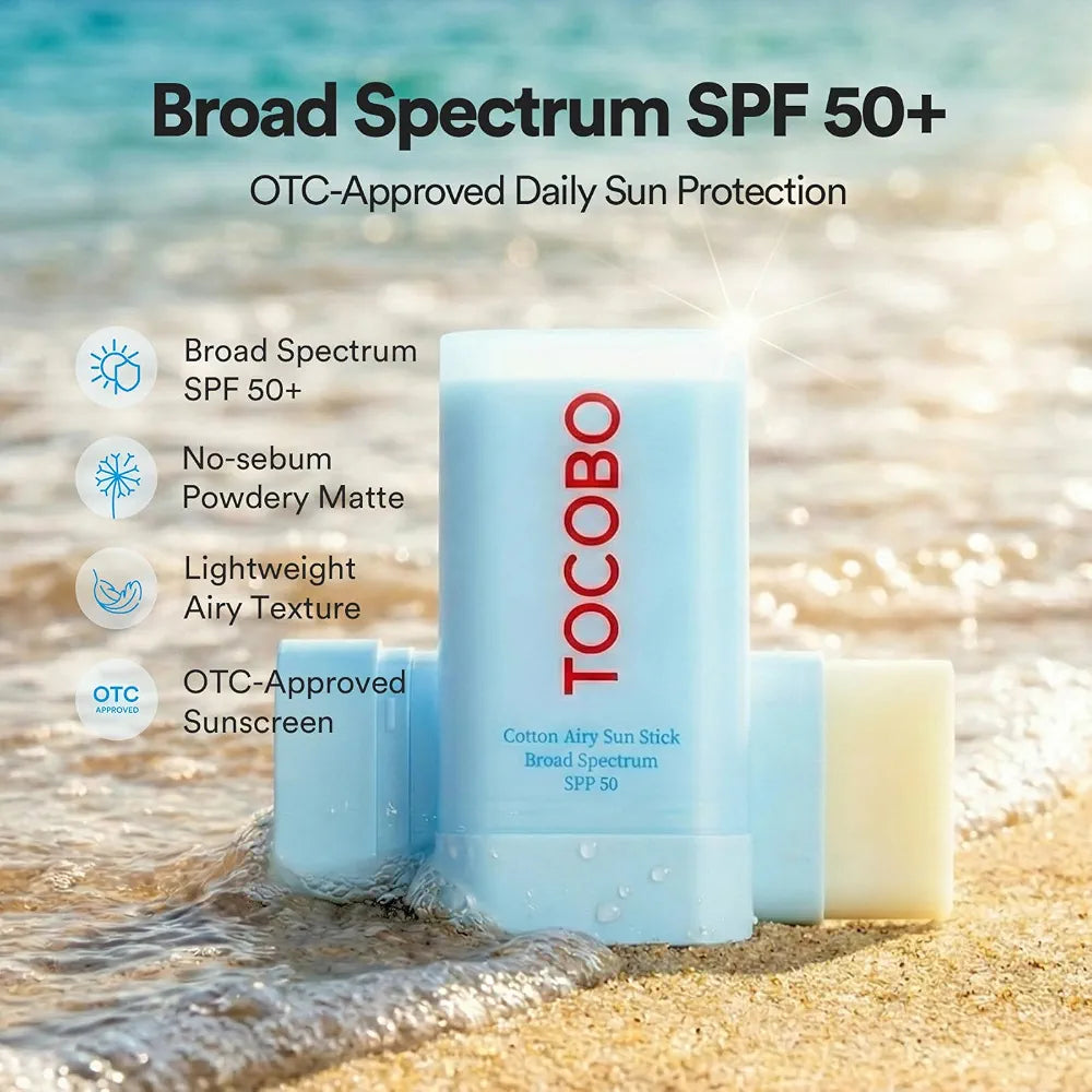 TOCOBO Cotton Airy Sun Stick SPF 50 Broad Spectrum Korean Matte Sunscreen Stick for Face - Travel Size Sebum Control Sunblock -Vegan, Lightweight, 0.67 oz 